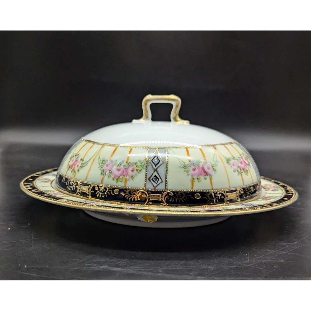 Antique Art Nouveau Hand Painted Nippon Round Covered Cheese Dish 9"